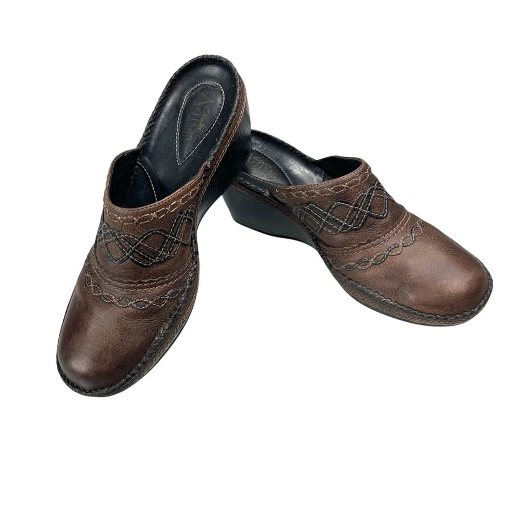 Clarks Artisan Western Mule Wedge Clog Womens Size 9.5 M Brown Leather Casual